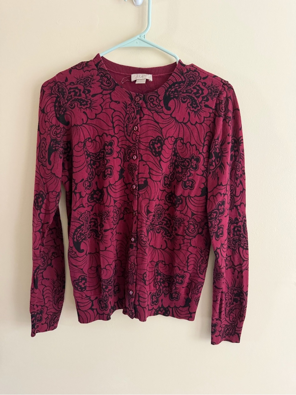 LOFT Burgundy Cardigan with Black Floral Print